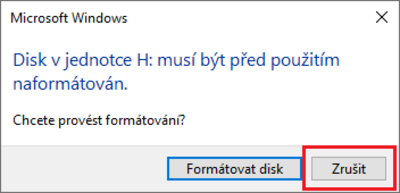 Upozornění windows o formátování úložiště