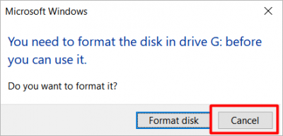 Windows warning about drive formatting